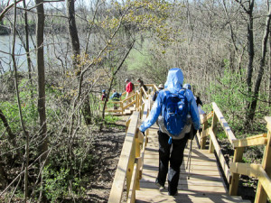 Hikers descending to the trail on steps built as an Eagle Scout project
